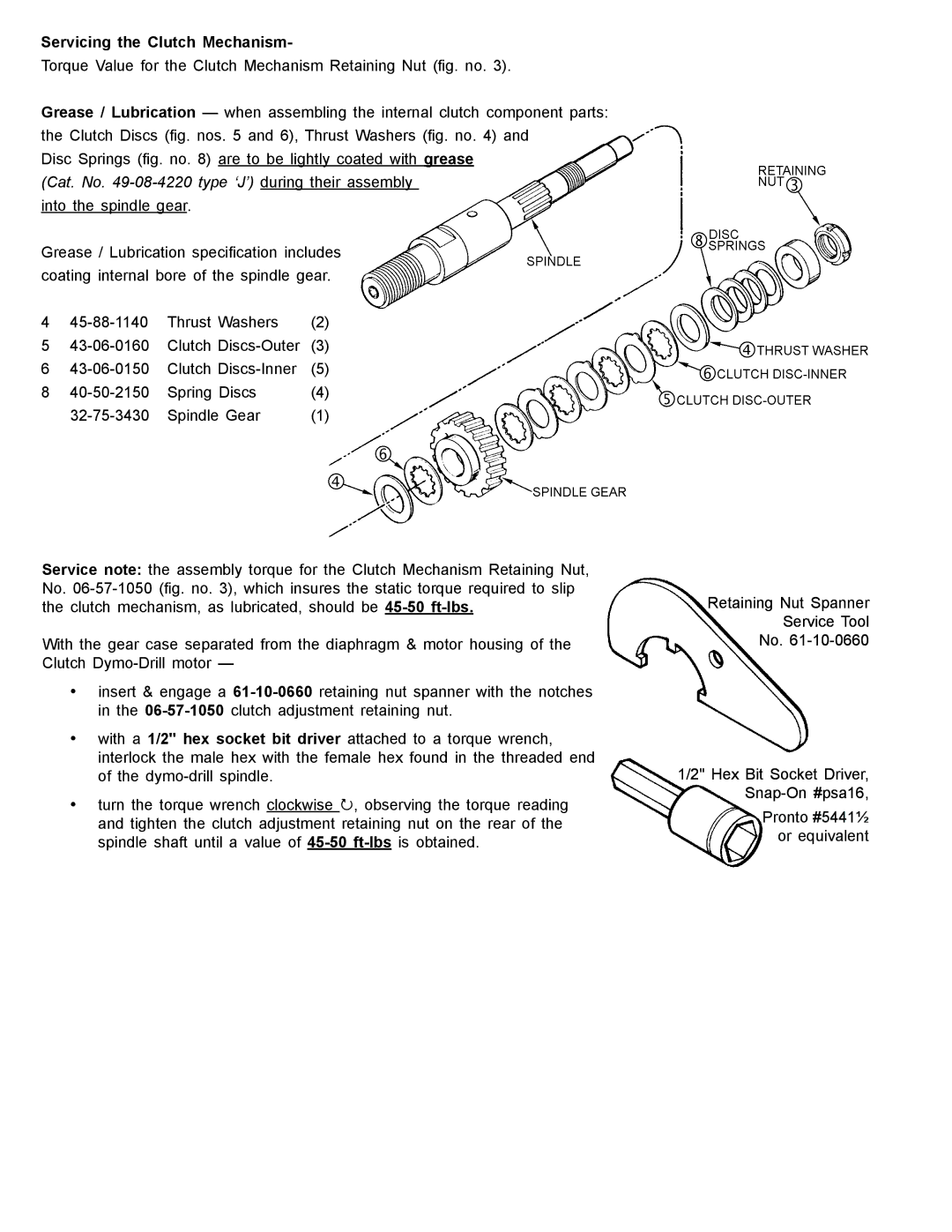 Milwaukee 54-16-5000 manual Servicing the Clutch Mechanism, Cat. No -08-4220 type ‘J’ during their assembly 