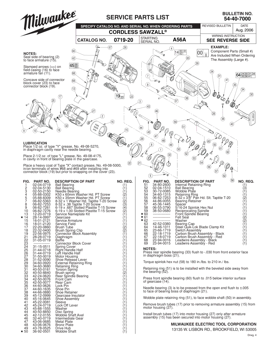 Milwaukee 54-40-7000 manual Bulletin no, Catalog no, See Reverse Side 