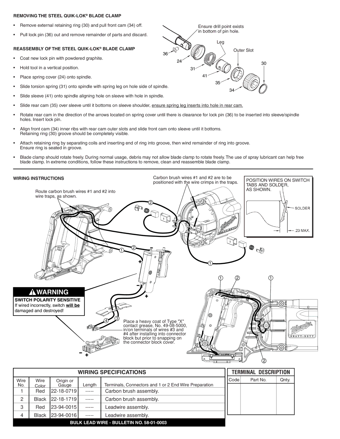 Milwaukee 54-40-7000 manual Wiring Specifications, Terminal Description, Removing the Steel QUIK-LOKBLADE Clamp 