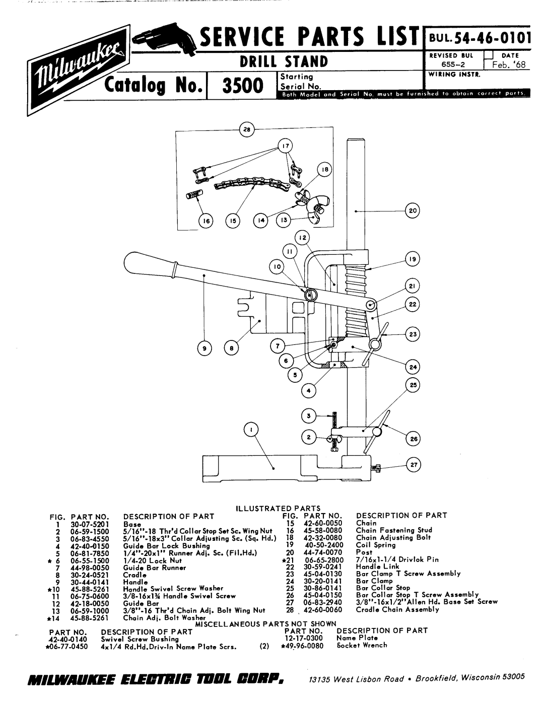 Milwaukee 54-46-0101 manual Service Parts List, Illustrated Parts Description, Miscellaneous PART$OWN Part Description 