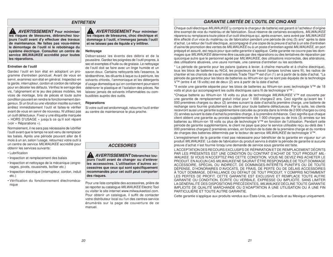Milwaukee 5426-21, 5446-21 Entretien Garantie Limitée DE L’OUTIL DE Cinq ANS, Accesoires, Entretien de l’outil, Nettoyage 