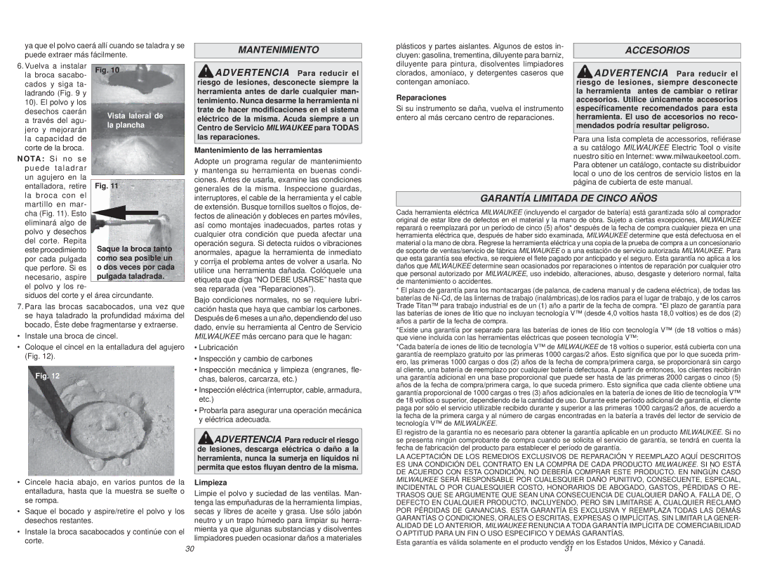 Milwaukee 5446-21 Accesorios, Garantía Limitada DE Cinco Años, Mantenimiento de las herramientas, Reparaciones, Limpieza 