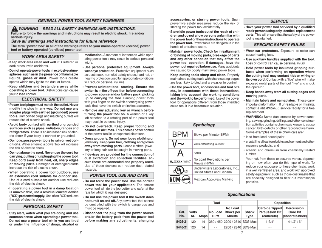 Milwaukee 5446-21 General Power Tool Safety Warnings, Service, Specific Safety Rules, Work Area Safety, Electrical Safety 