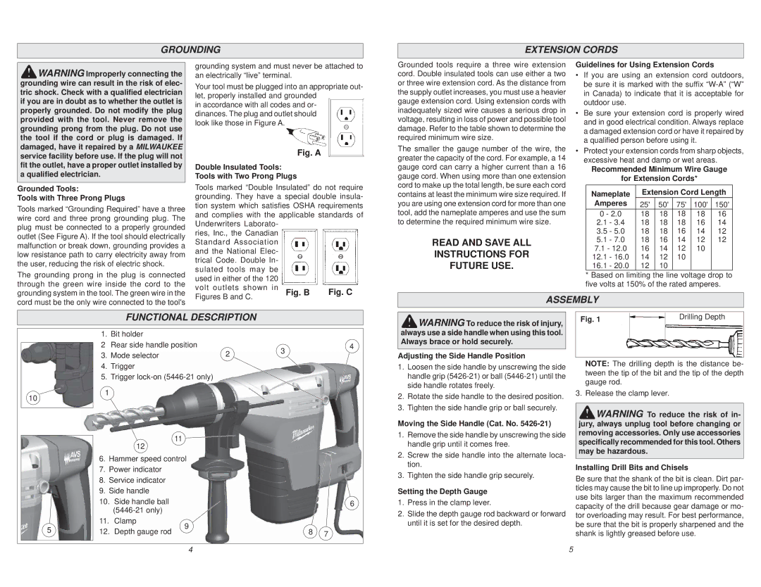 Milwaukee 5426-21, 5446-21 manual Grounding Extension Cords, Assembly Functional Description 