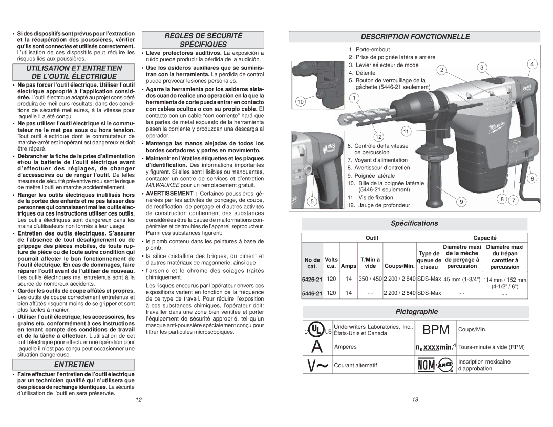 Milwaukee 5426-21, 5446-21 manual Utilisation ET Entretien DE L’OUTIL Électrique, Règles DE Sécurité Spécifiques 