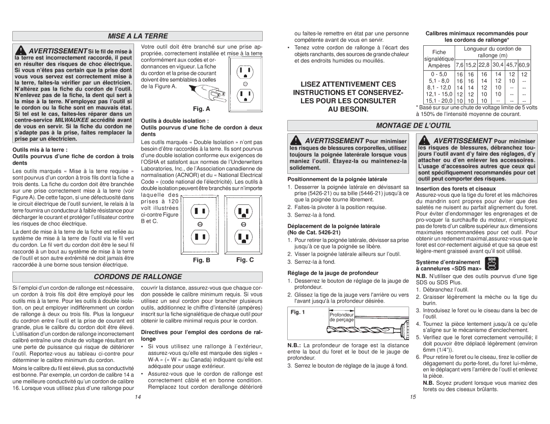 Milwaukee 5446-21, 5426-21 manual Mise a LA Terre, Montage DE L’OUTIL, Cordons DE Rallonge 