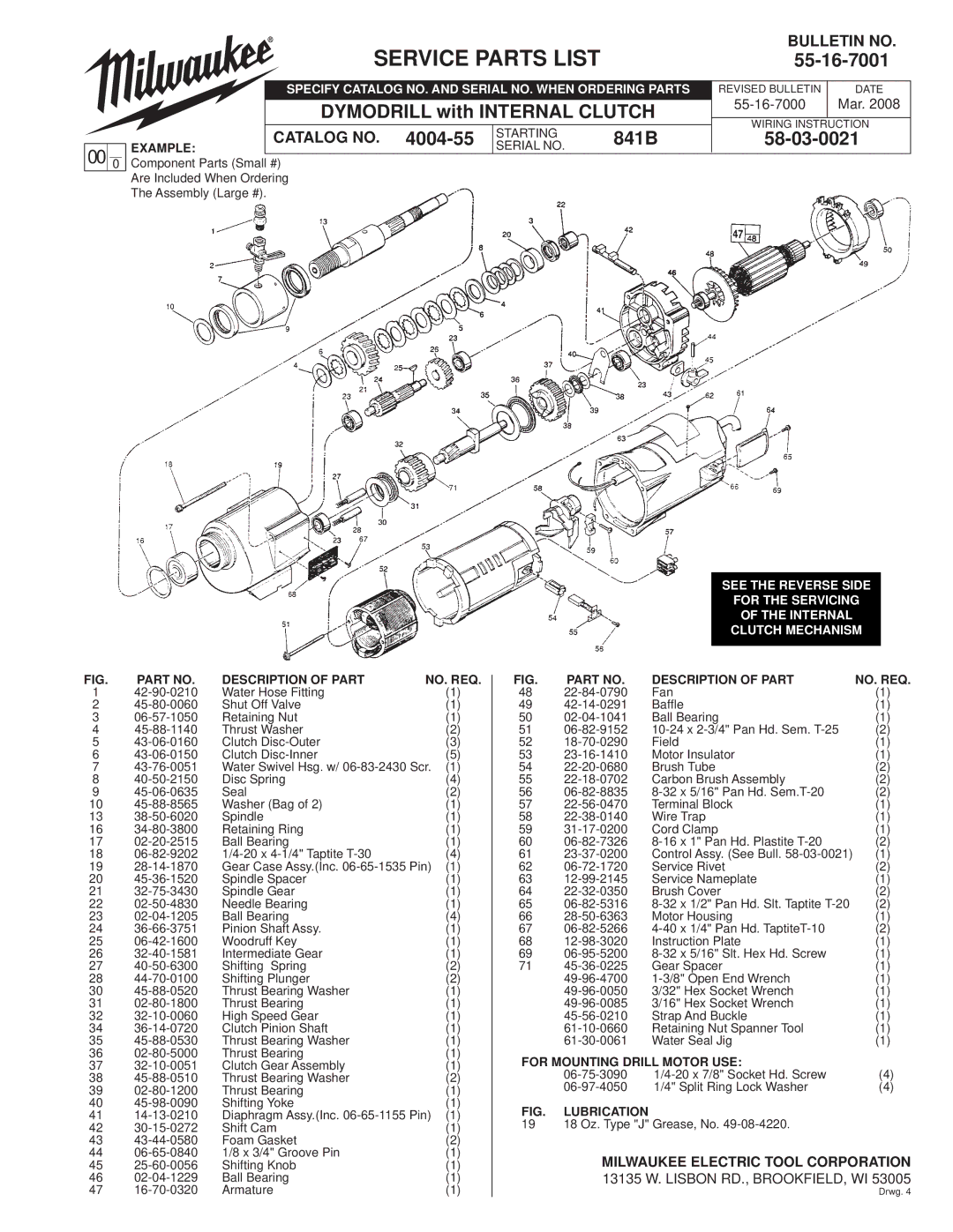 Milwaukee 55-16-7001 manual Service Parts List, 841B 58-03-0021, Catalog no 