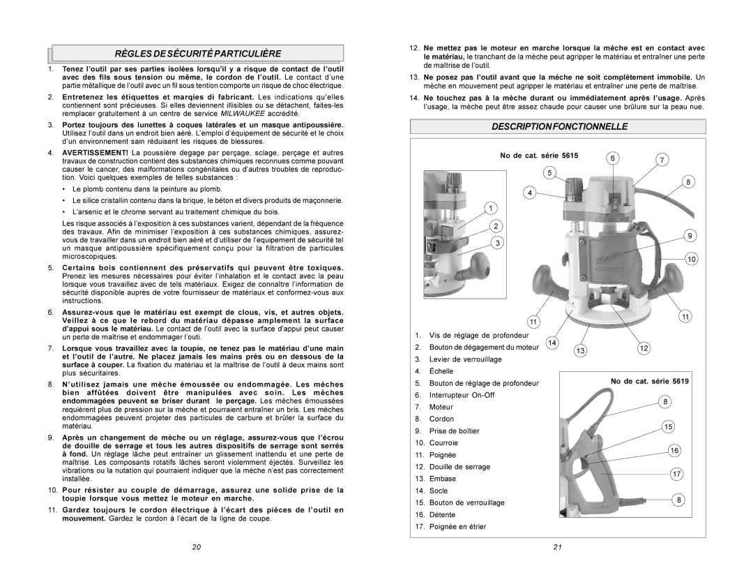 Milwaukee 5615 Règles DE Sécurité Particulière, Descriptionfonctionnelle, No de cat. série, Vis de réglage de profondeur 