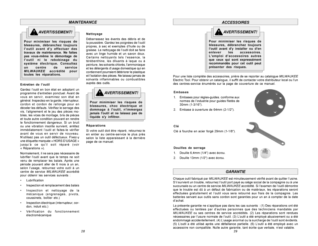 Milwaukee 5615 manual Maintenance Accessoires Avertissement, Garantie, Nettoyage, Embases, Clé 