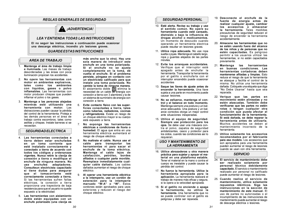 Milwaukee 5615 manual Guarde Estas Instrucciones Seguridadpersonal, Area DE Trabajo, Seguridadelectrica, Servicio 