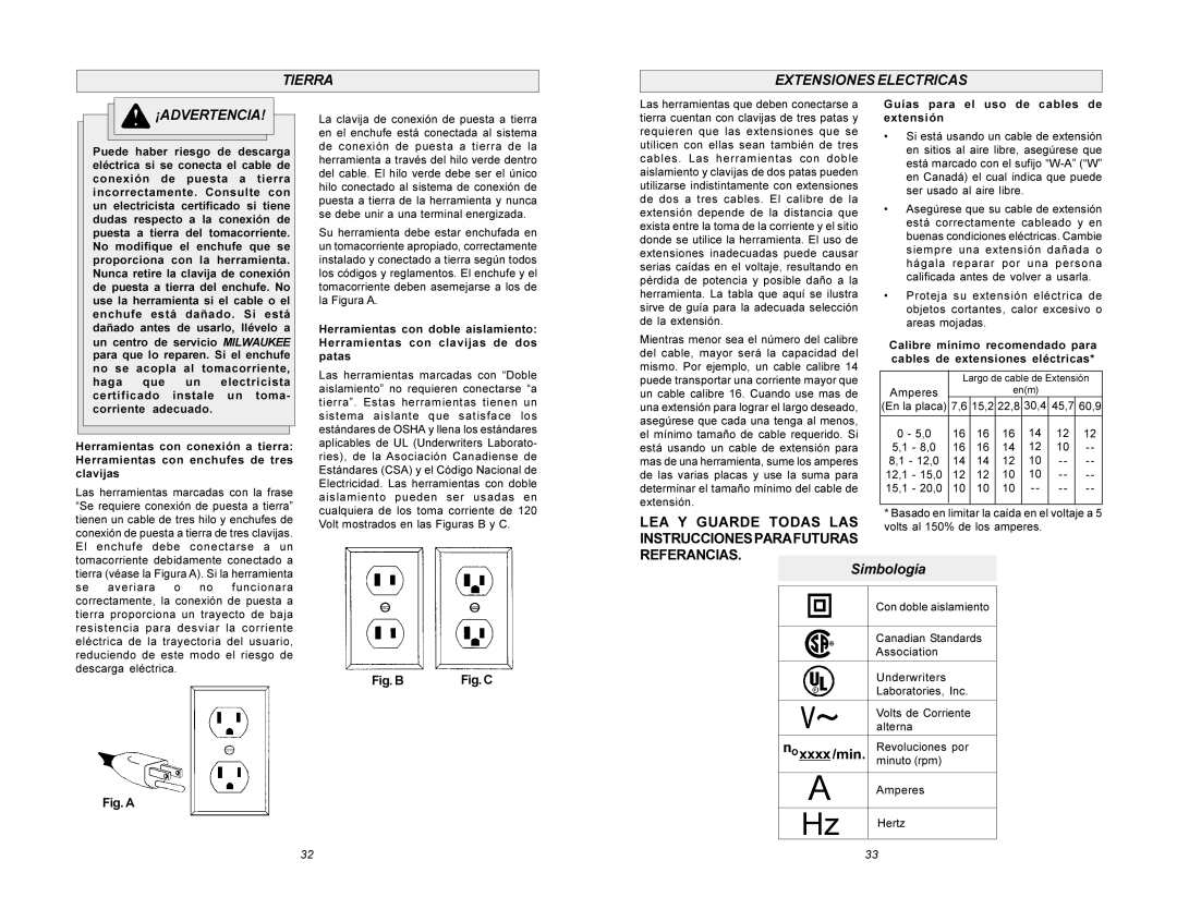 Milwaukee 5615 Tierra Extensiones Electricas ¡ADVERTENCIA, Simbología, Guías para el uso de cables de extensión, Hertz 