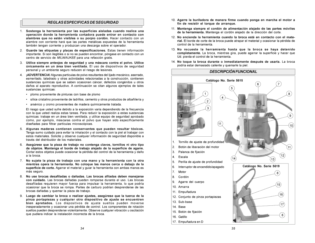 Milwaukee 5615 manual Reglas Especificas DE Seguridad, Descripciónfuncional, Catálogo No. Serie 