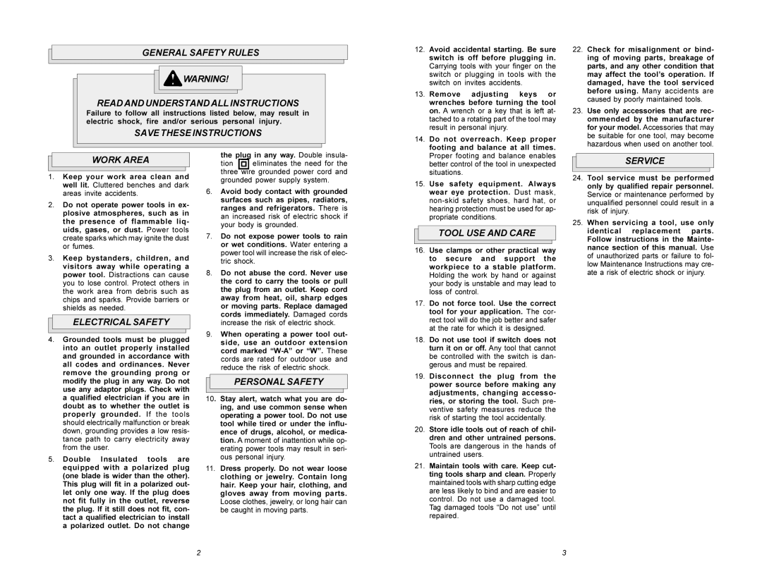 Milwaukee 5615 manual General Safety Rules, Work Area, Electrical Safety, Personal Safety, Tool USE and Care, Service 