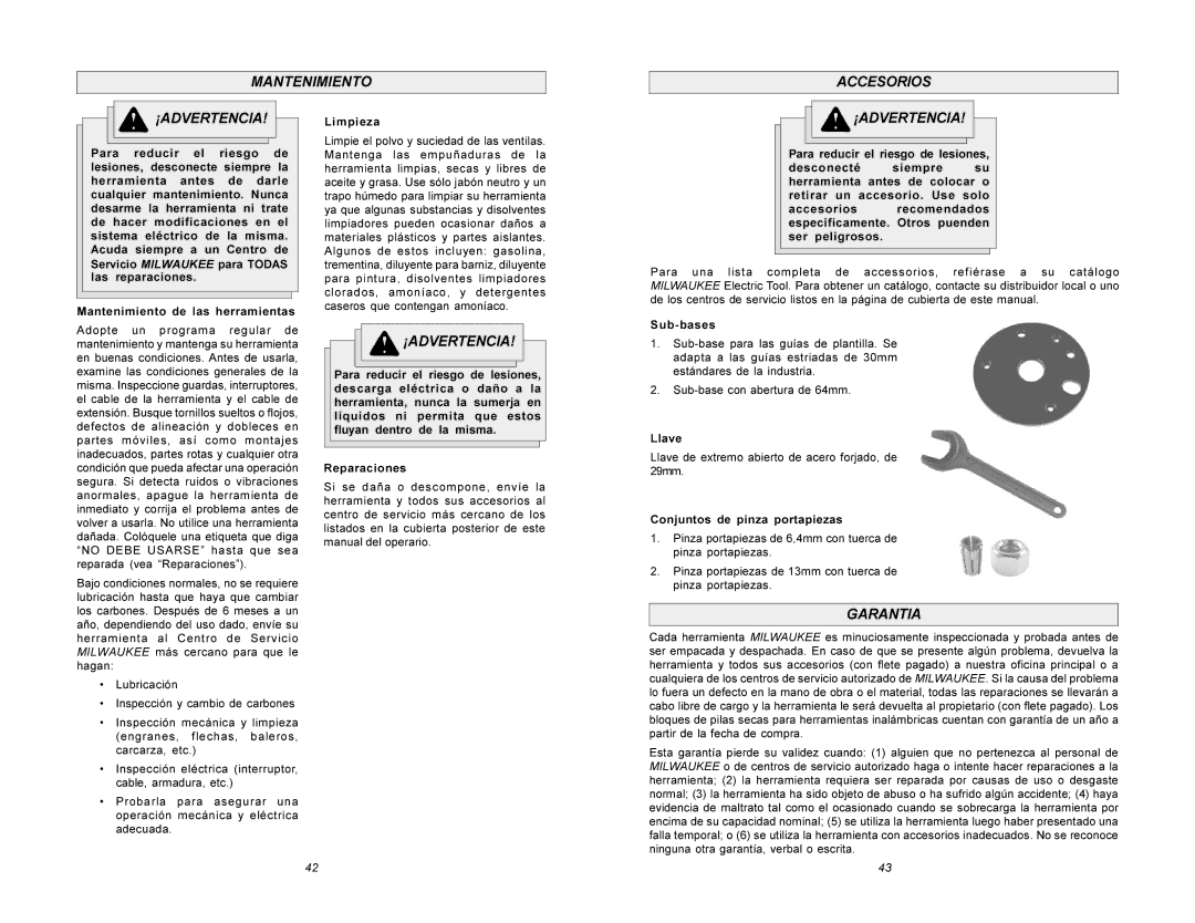 Milwaukee 5615 manual Mantenimiento Accesorios ¡ADVERTENCIA, Garantia, Limpieza, Llave, Conjuntos de pinza portapiezas 