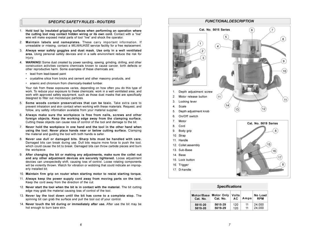 Milwaukee 5615 manual Specific Safety Rules Routers, Functionaldescription, Specifications 