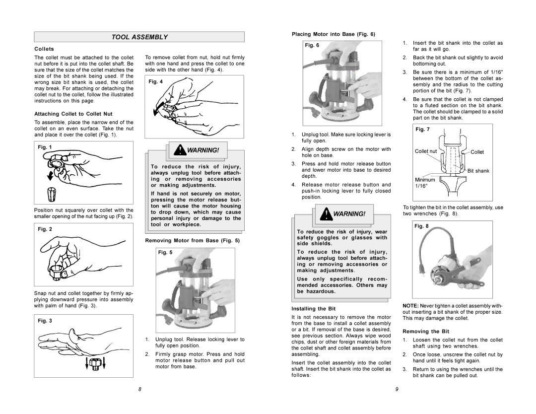 Milwaukee 5615 manual Tool Assembly, Placing Motor into Base Fig Collets, Attaching Collet to Collet Nut, Bit shank 