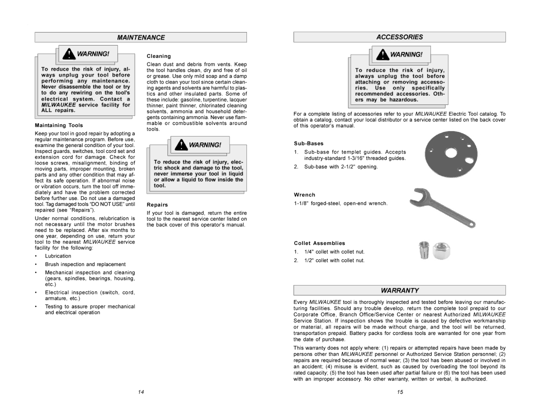 Milwaukee 5615 manual Maintenance Accessories, Warranty 