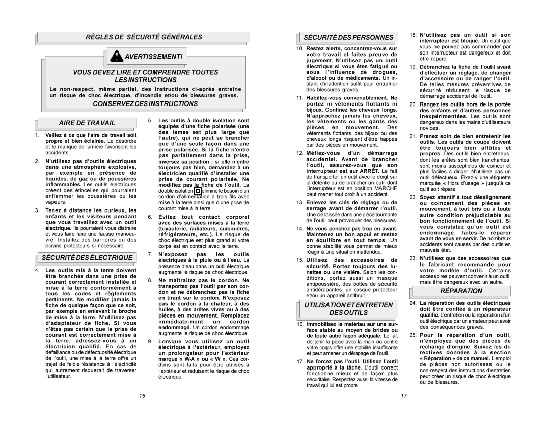 Milwaukee 5615 Conservez CES Instructions Sécurité DES Personnes, Aire DE Travail, Sécurité DES Électrique, Réparation 