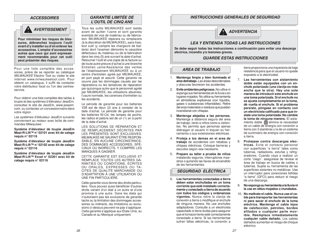 Milwaukee 5626-68 manual Accessoires Avertissement, Garantie Limitée DE ’OUTIL DE Cinq ANS, Guarde Estas Instrucciones 