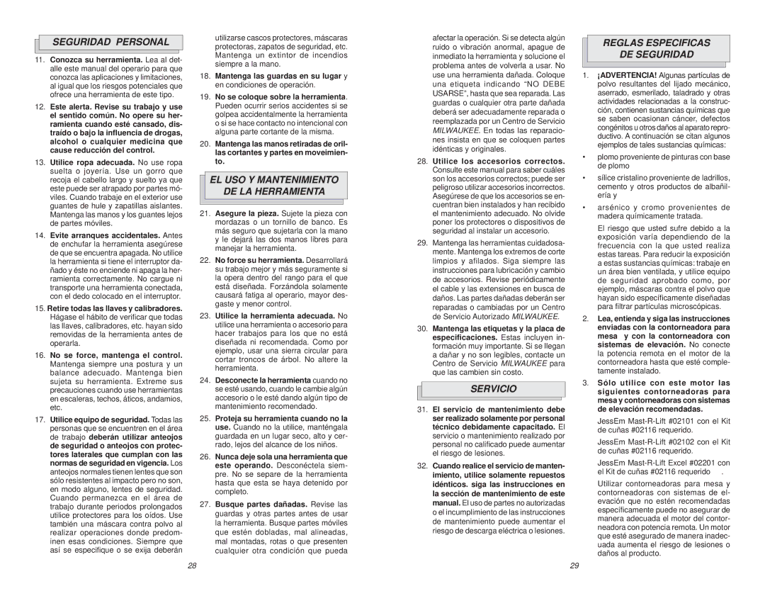 Milwaukee 5626-68 Seguridad Personal, EL USO Y Mantenimiento DE LA Herramienta, Servicio, Reglas Especificas DE Seguridad 