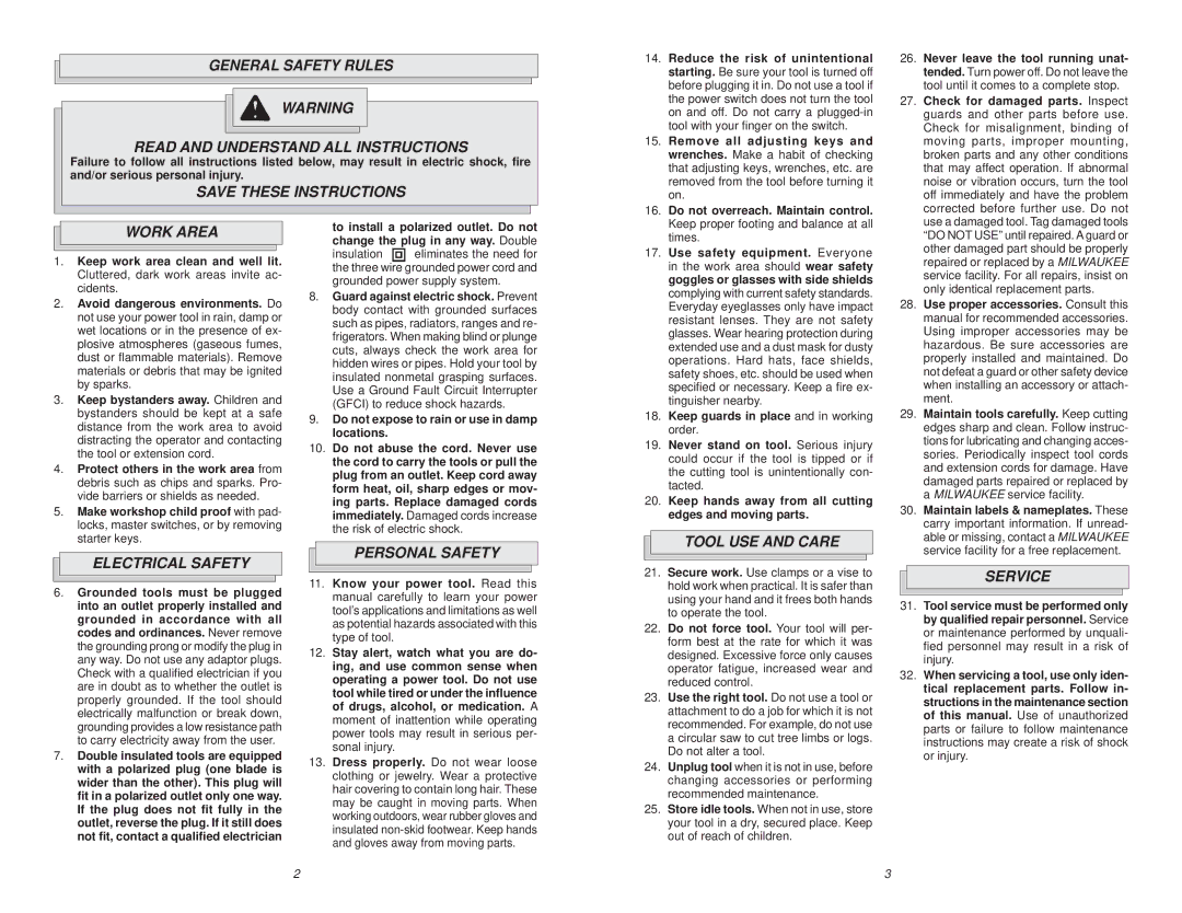 Milwaukee 5626-68 General Safety Rules Read and Understand ALL Instructions, Work Area, Electrical Safety, Personal Safety 