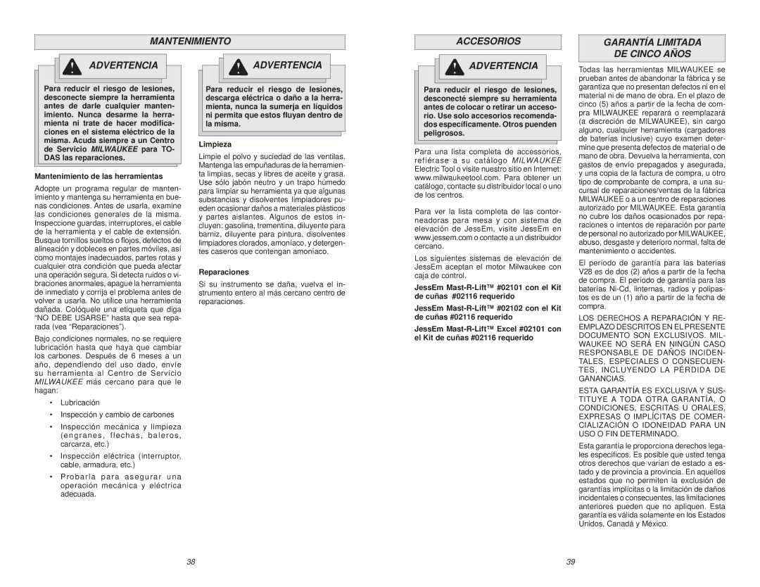 Milwaukee 5626-68 Mantenimiento Accesorios Garantía Limitada Advertencia, DE Cinco Años, Mantenimiento de las herramientas 