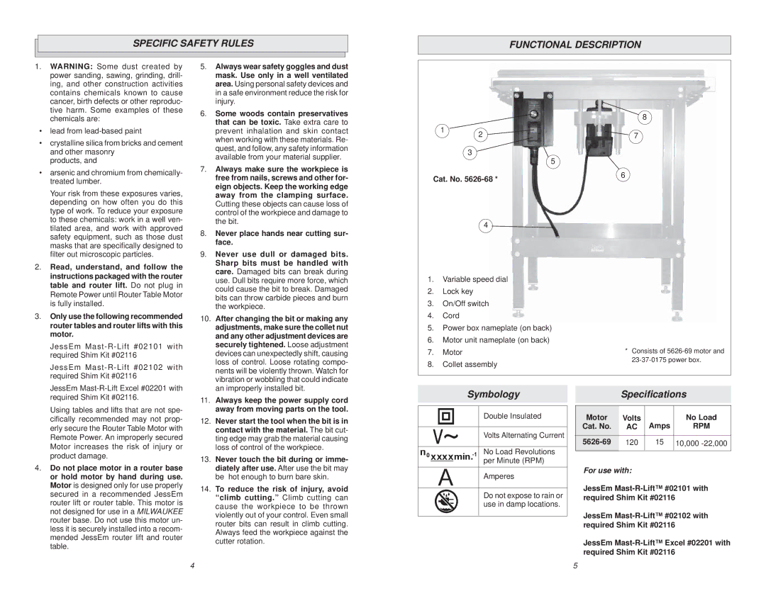 Milwaukee 5626-68 manual Specific Safety Rules Functional Description, Symbology, Speciﬁcations 