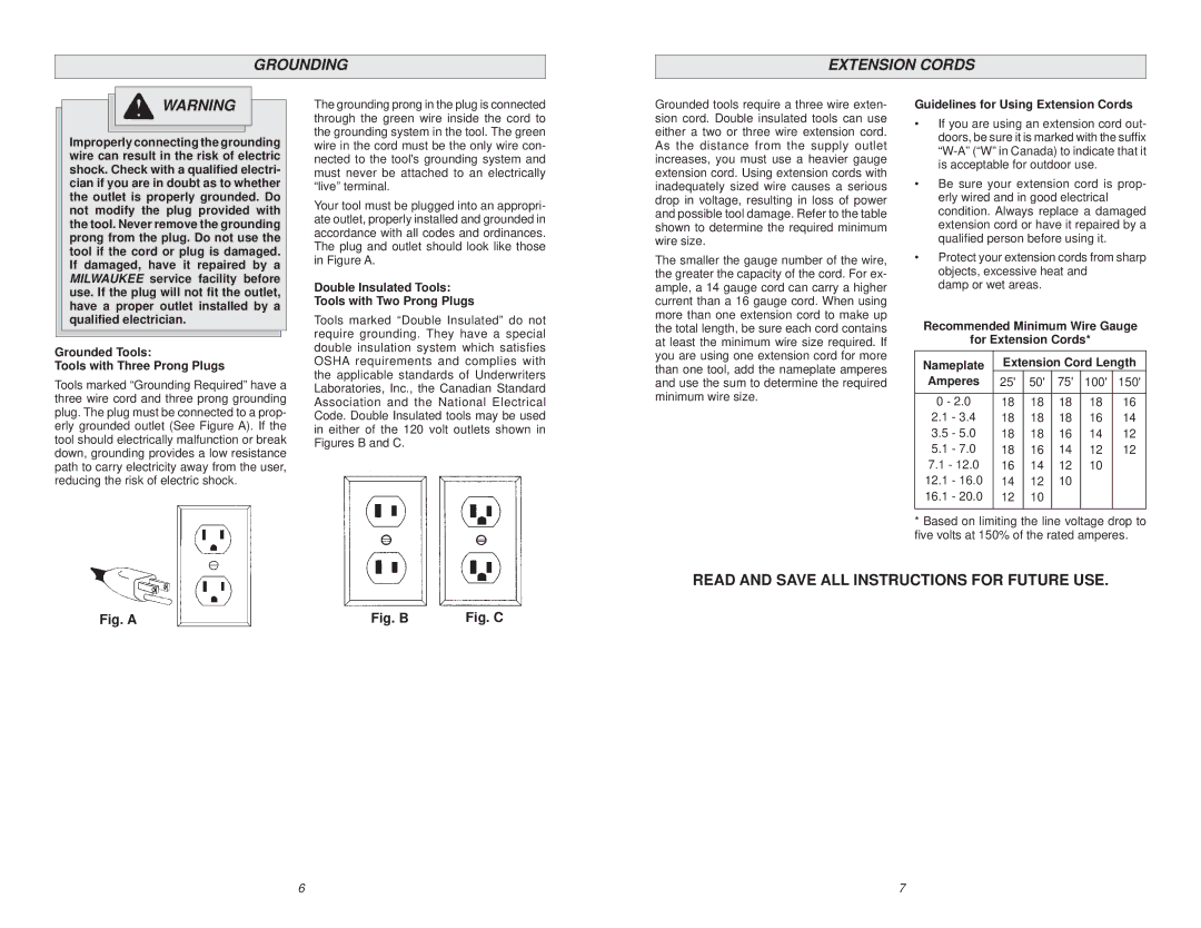 Milwaukee 5626-68 manual Grounding Extension Cords, Grounded Tools Tools with Three Prong Plugs 