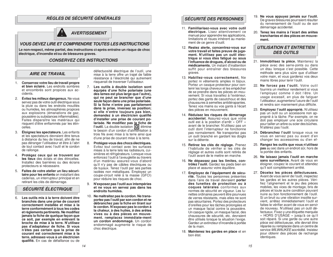 Milwaukee 5626-68 Conservez CES Instructions Sécurité DES Personnes, Utilisation ET Entretien DES Outils, Aire DE Travail 