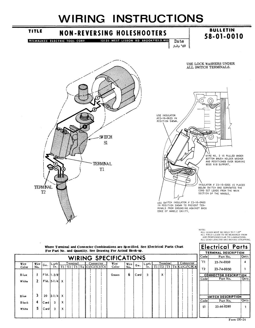 Milwaukee 58-01-0010 specifications Wiring Instructions, Wiring Specifications, Fld. l-3/8 