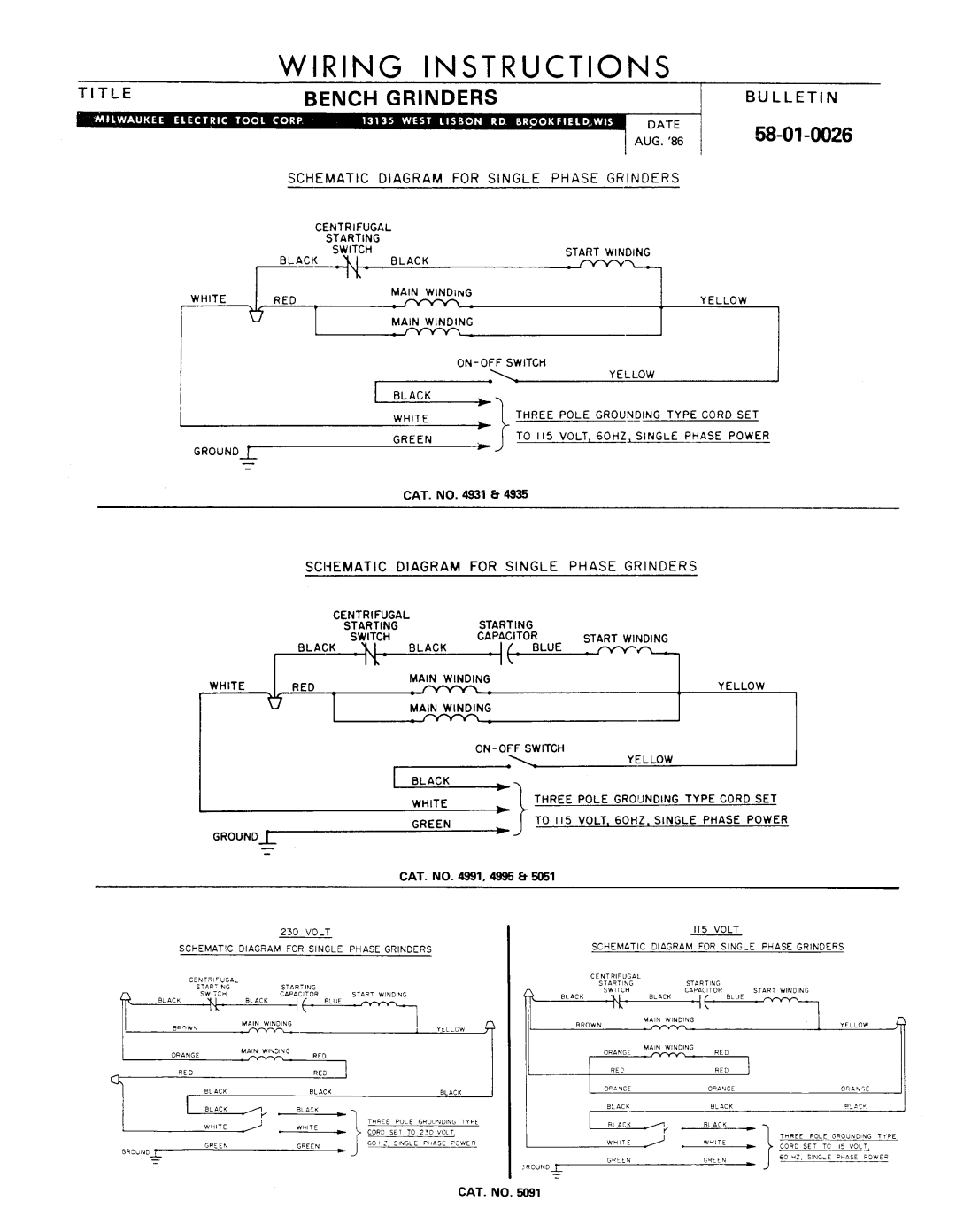 Milwaukee 58-01-0026 manual Wiring Instructions, Schematic Diagram for Single Phase Grinders 