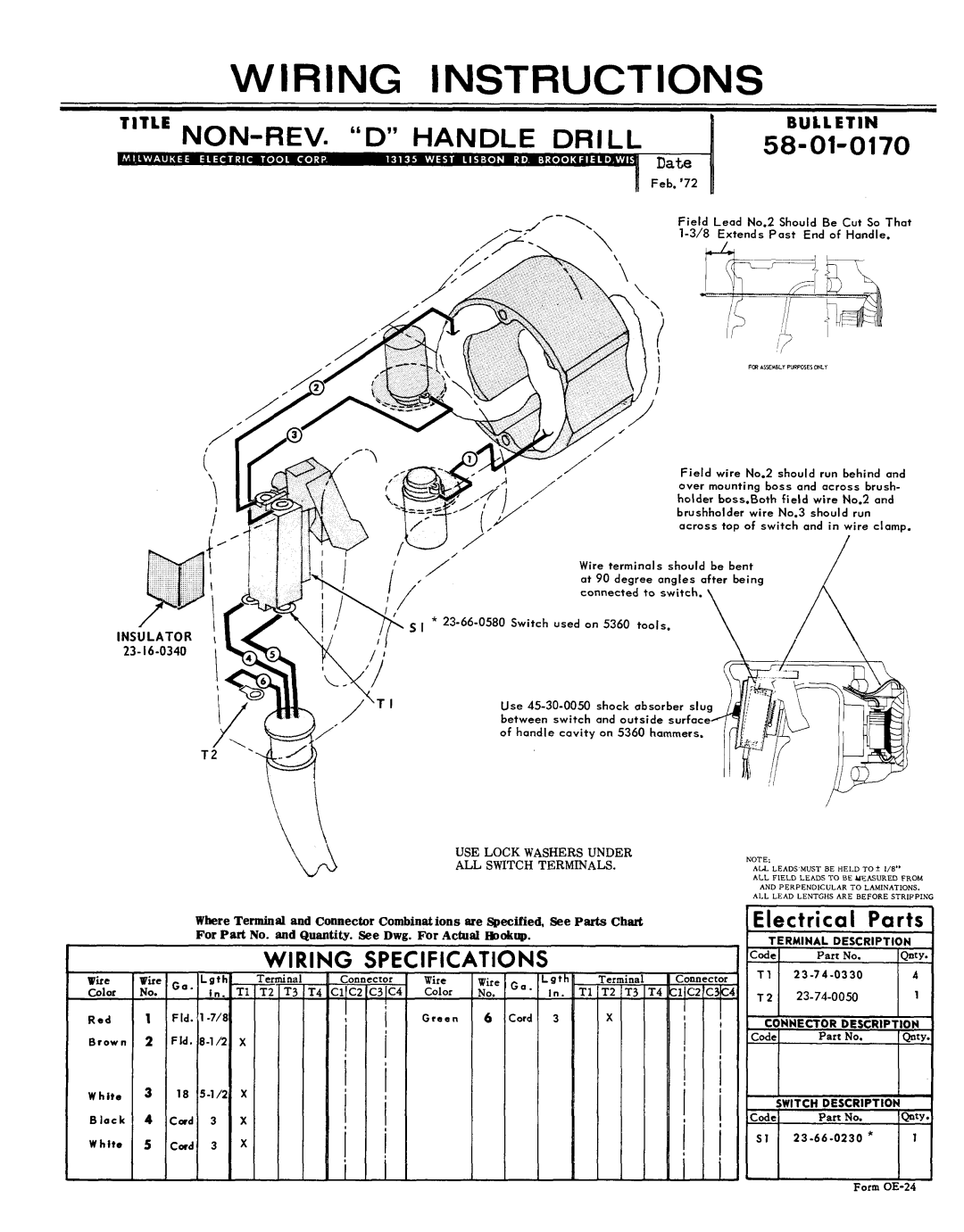 Milwaukee 58-01-0170 manual Wiring Instructions, USE Lockwashersunder Allswitchterminals, ANDPERPENDlCLARTOL*MINAT 