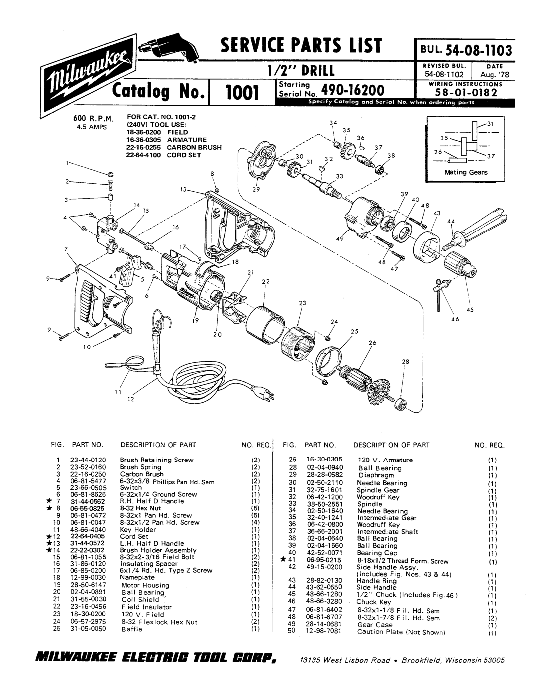 Milwaukee 54-08-1103, 58-01-0182, 490-16200 manual LZl, Amps 24OV Tool USE, Description of Part, NO. REQ Description Part 