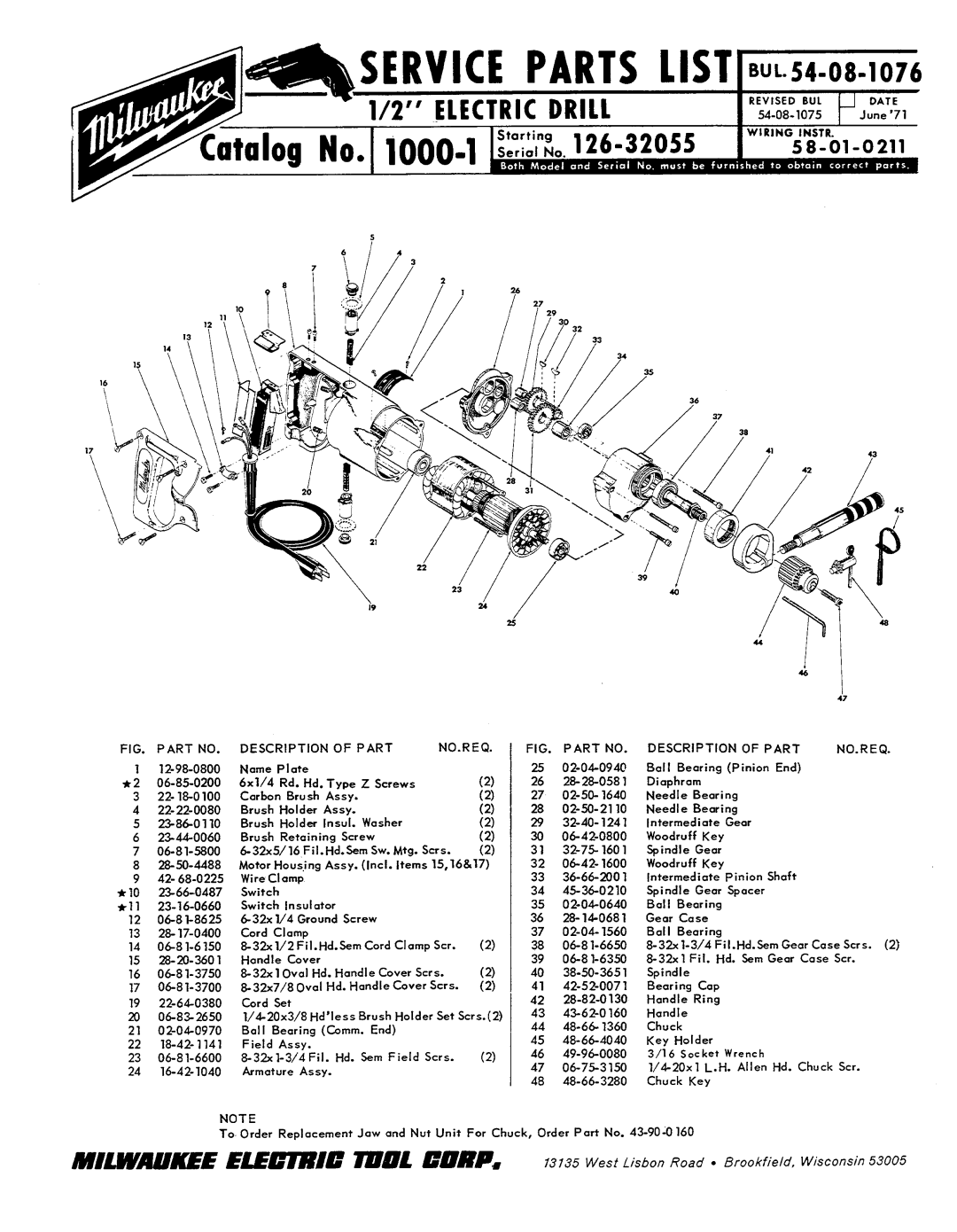 Milwaukee 54-08-1076, 58-01-0211, 126-32055 manual FIG. Part no, Description Part NO.REQ 