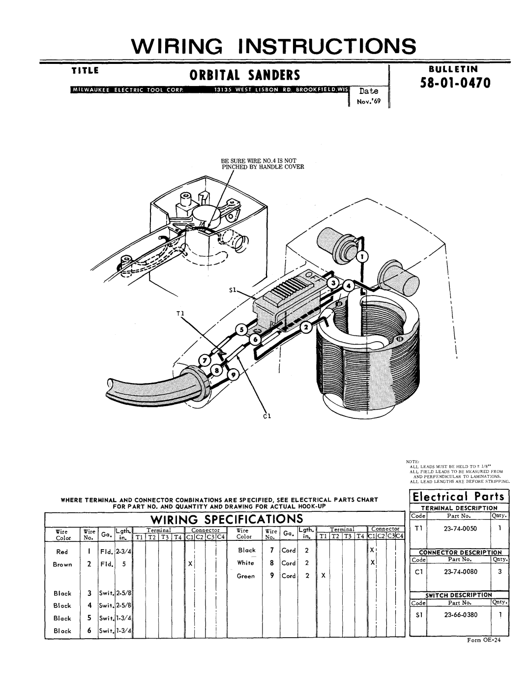 Milwaukee 58-01-0470 specifications Wiring Instructions, 5841-0470, Specifications, Conr 