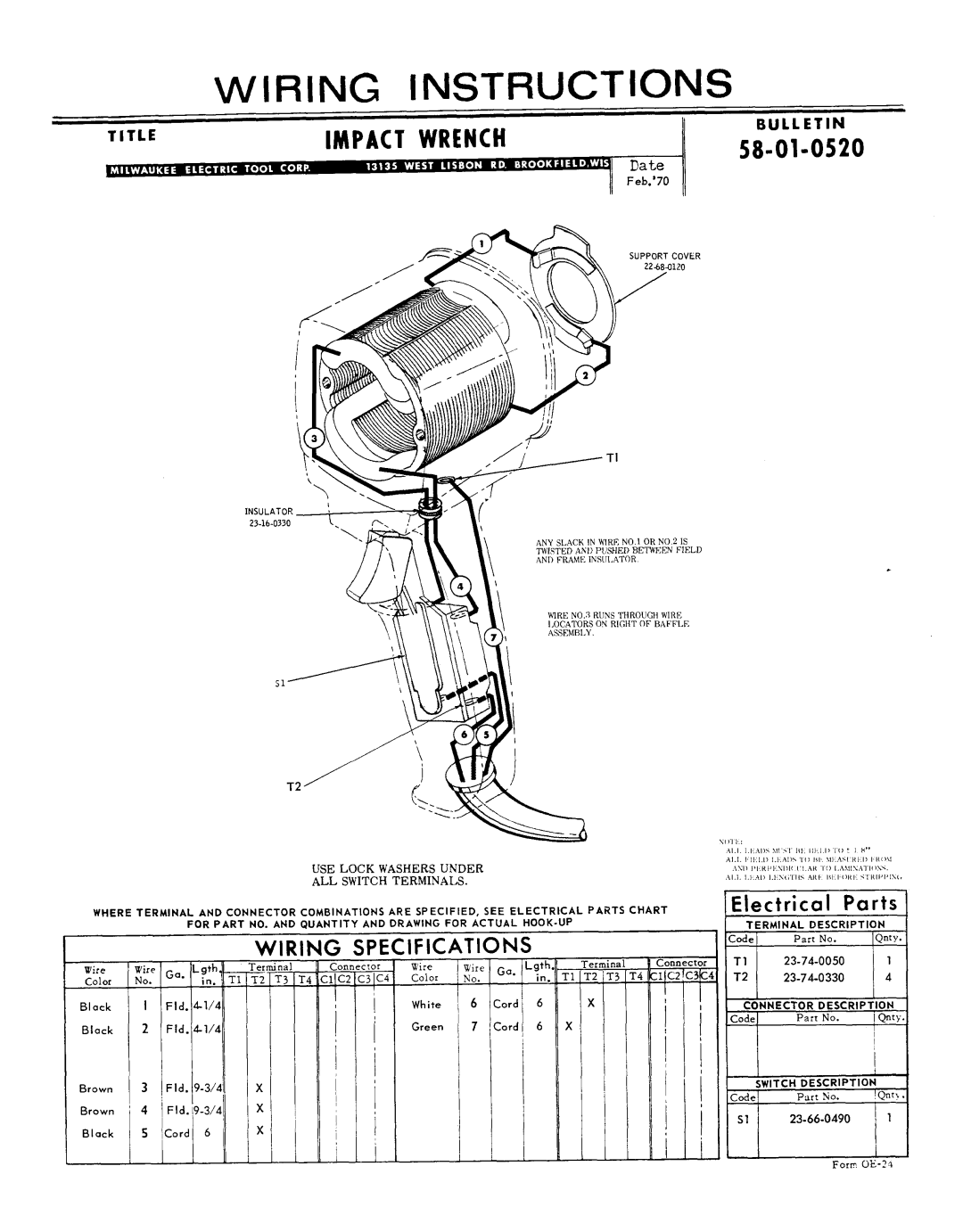 Milwaukee 58-01-0520 manual Wiring INSTRUCTlONS, Impact Wrench, Uselockwashersunder ALL Switch Terminals 