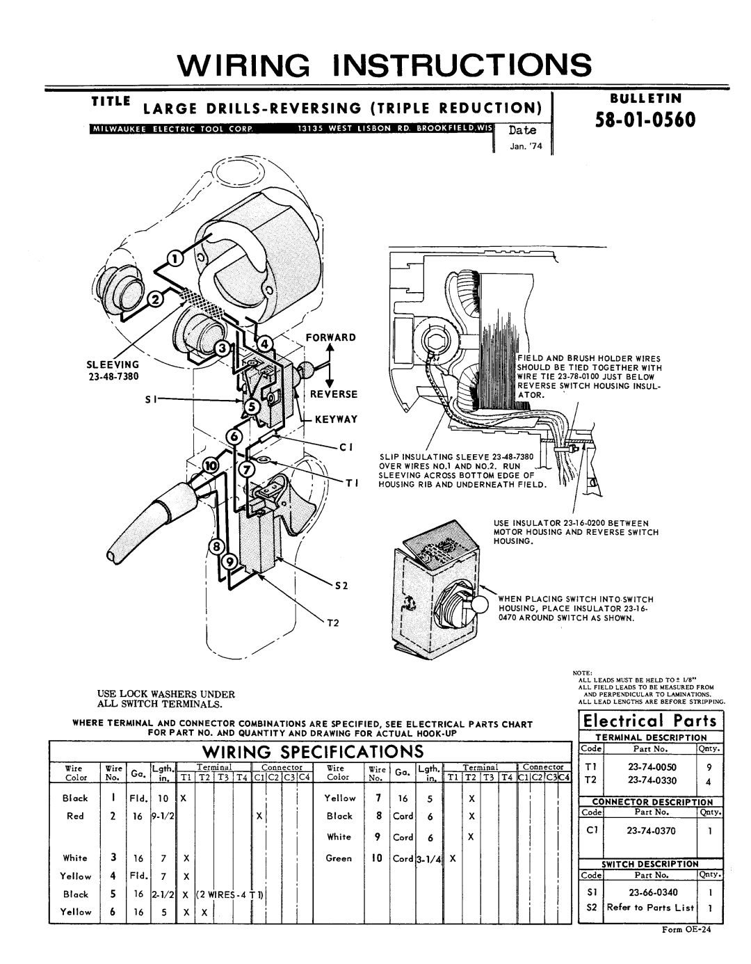 Milwaukee 58-01-0560 specifications Wiring Instructions, Wiring Specifications, Connector 