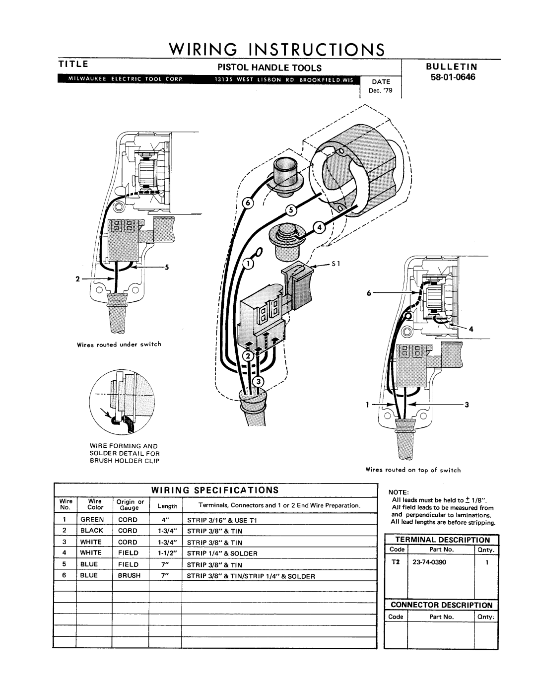 Milwaukee 58-01-0646 manual Wiring Instructions, Wire Forming Solder Detail for Brush Holder Clip 