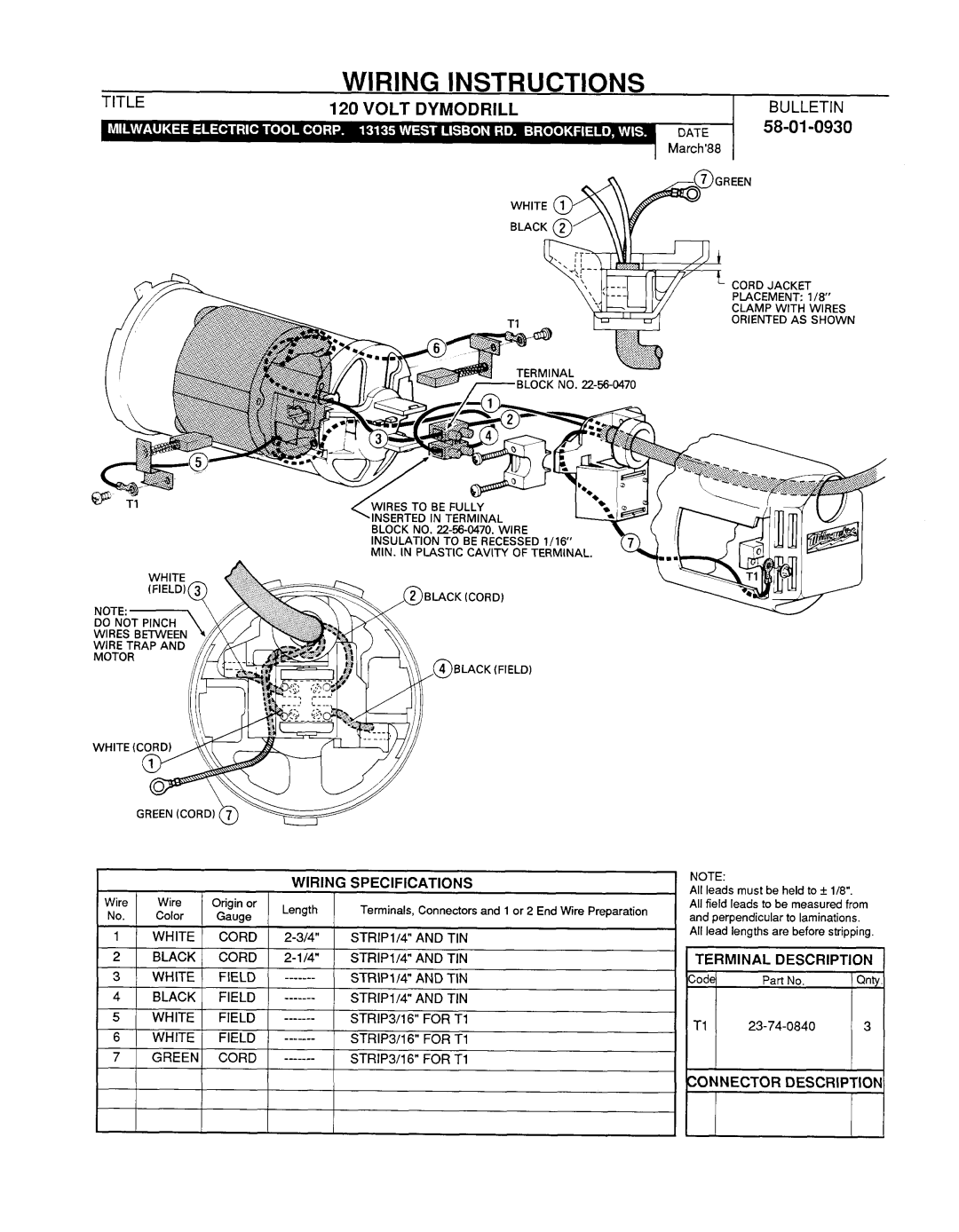 Milwaukee 58-01-0930 manual Cord Jacket, Clamp with Wires Oriented AS Shown, Block no .Z 