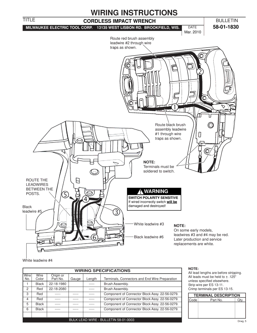 Milwaukee 58-01-1830 specifications Wiring Instructions, Titlecordless Impact Wrench, Wiring Specifications 