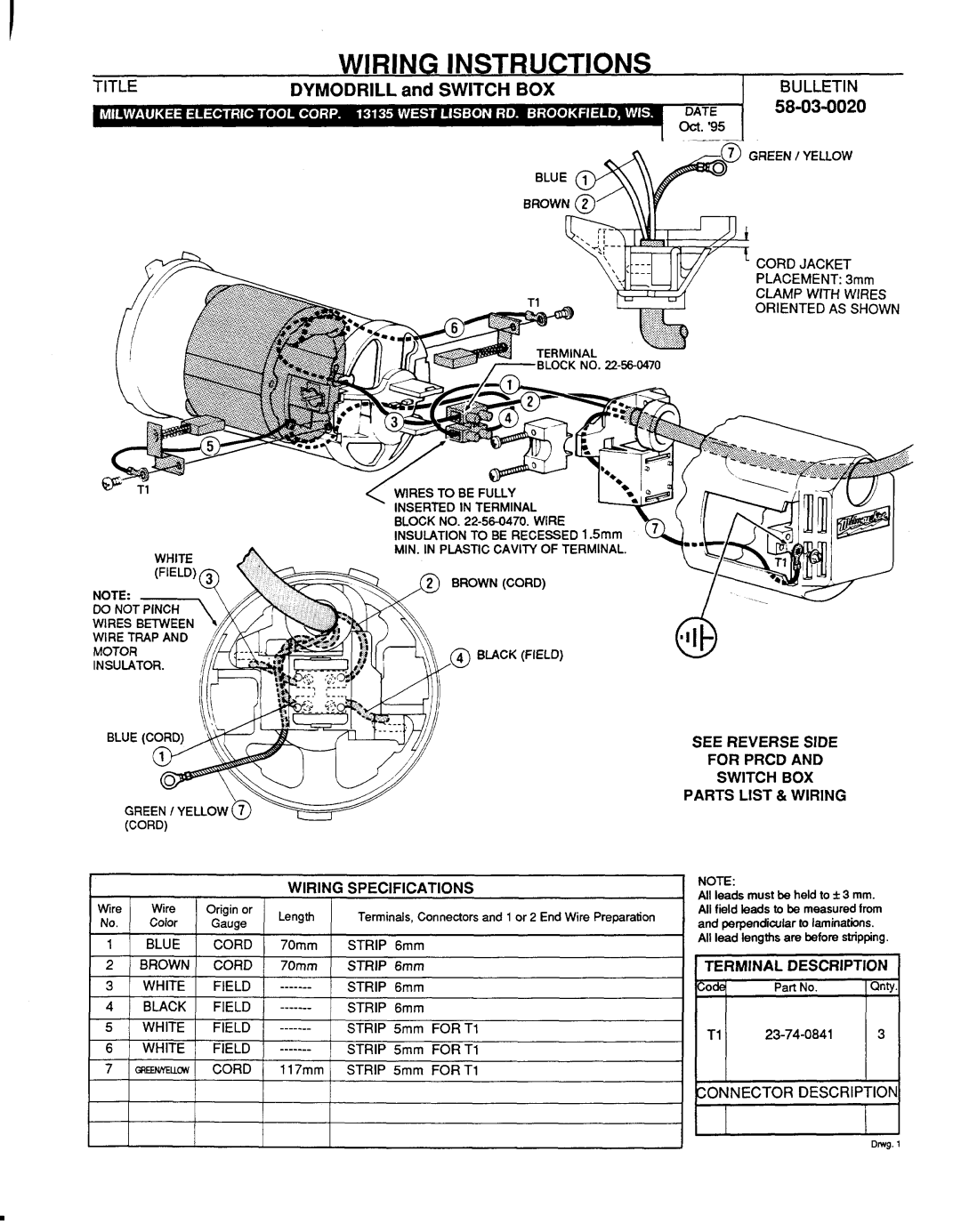 Milwaukee 58-03-0020 manual See Reverse Side, For Prcd, Switch BOX, Parts List & Wiring, Terminal Description 