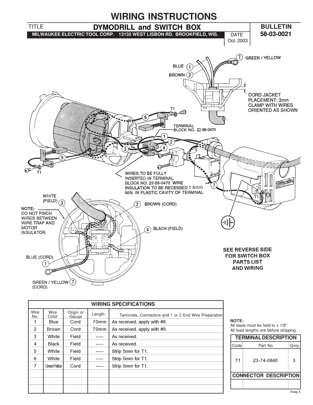 Milwaukee 58-03-0021 specifications Wiring Instructions, Dymodrill and Switch BOX, Bulletin 