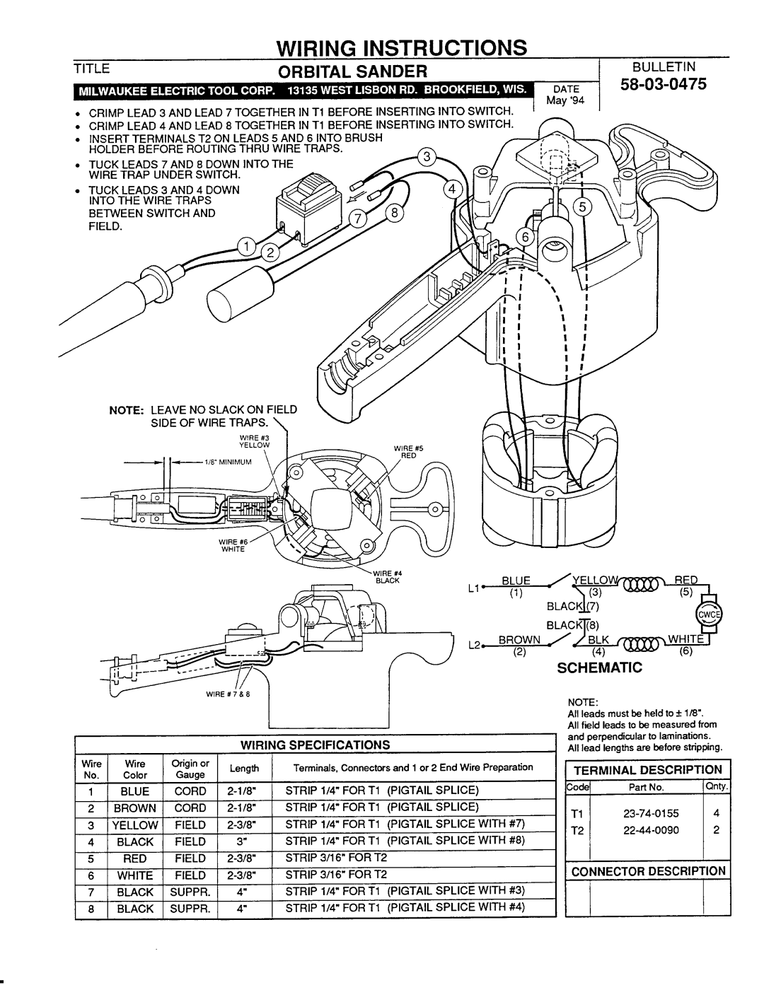 Milwaukee 58-03-0475 manual Wiring Instructions, Orbital Sander, Schematic, Title, Bulletin 