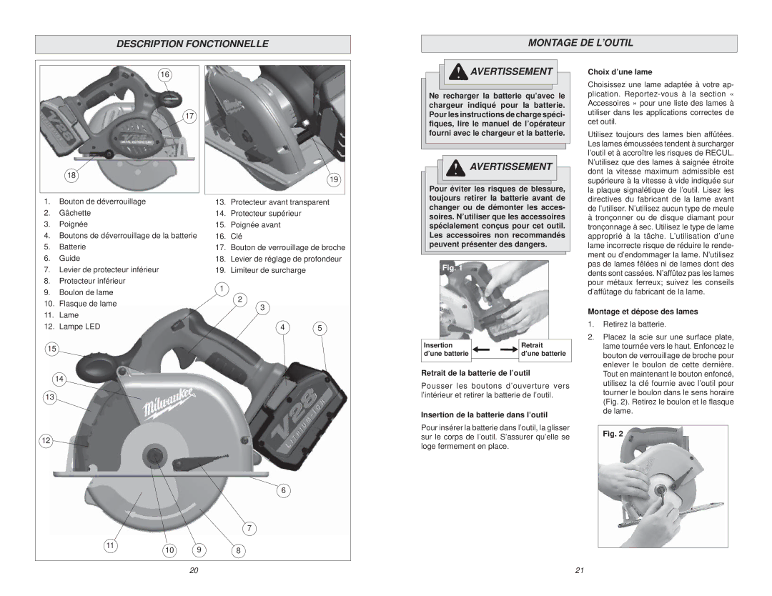 Milwaukee 58-14-1025 manual Description Fonctionnelle Montage DE L’OUTIL, Choix d’une lame, Montage et dépose des lames 