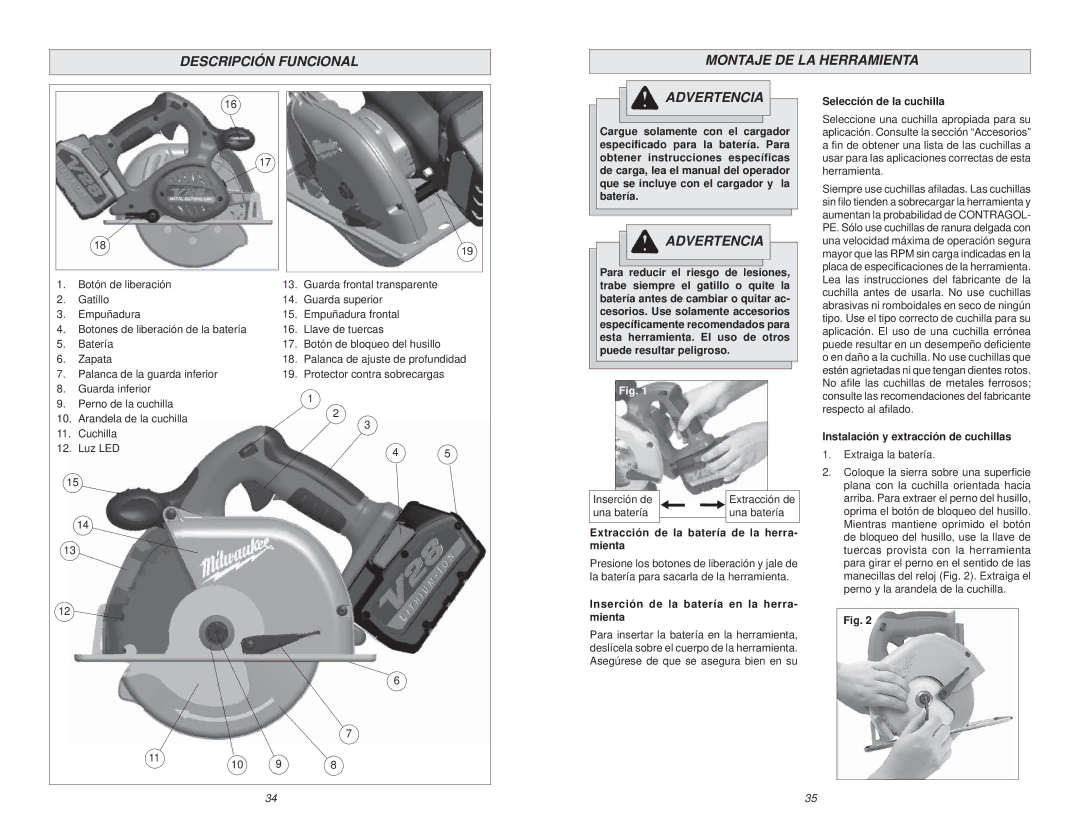 Milwaukee 58-14-1025 manual Descripción Funcional Montaje DE LA Herramienta, Selección de la cuchilla 