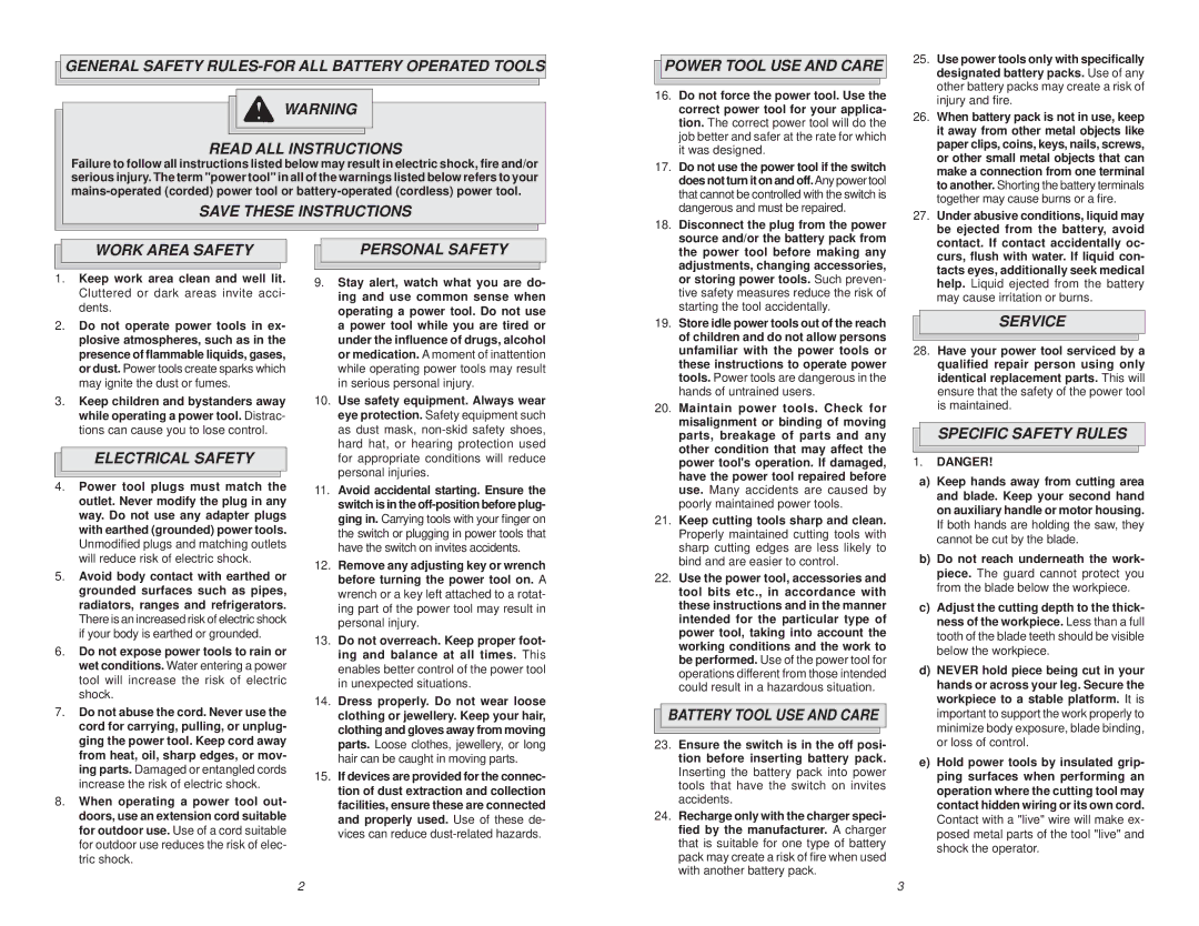 Milwaukee 58-14-1025 manual Power Tool USE and Care, Work Area Safety, Electrical Safety, Personal Safety, Service 