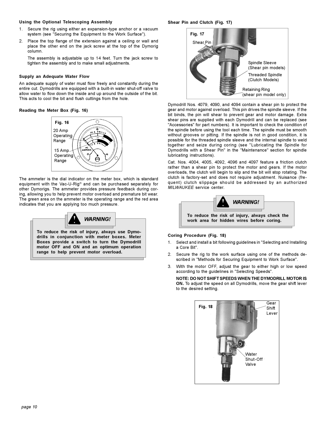 Milwaukee 4005 20A, 4125 Using the Optional Telescoping Assembly, Supply an Adequate Water Flow, Reading the Meter Box Fig 