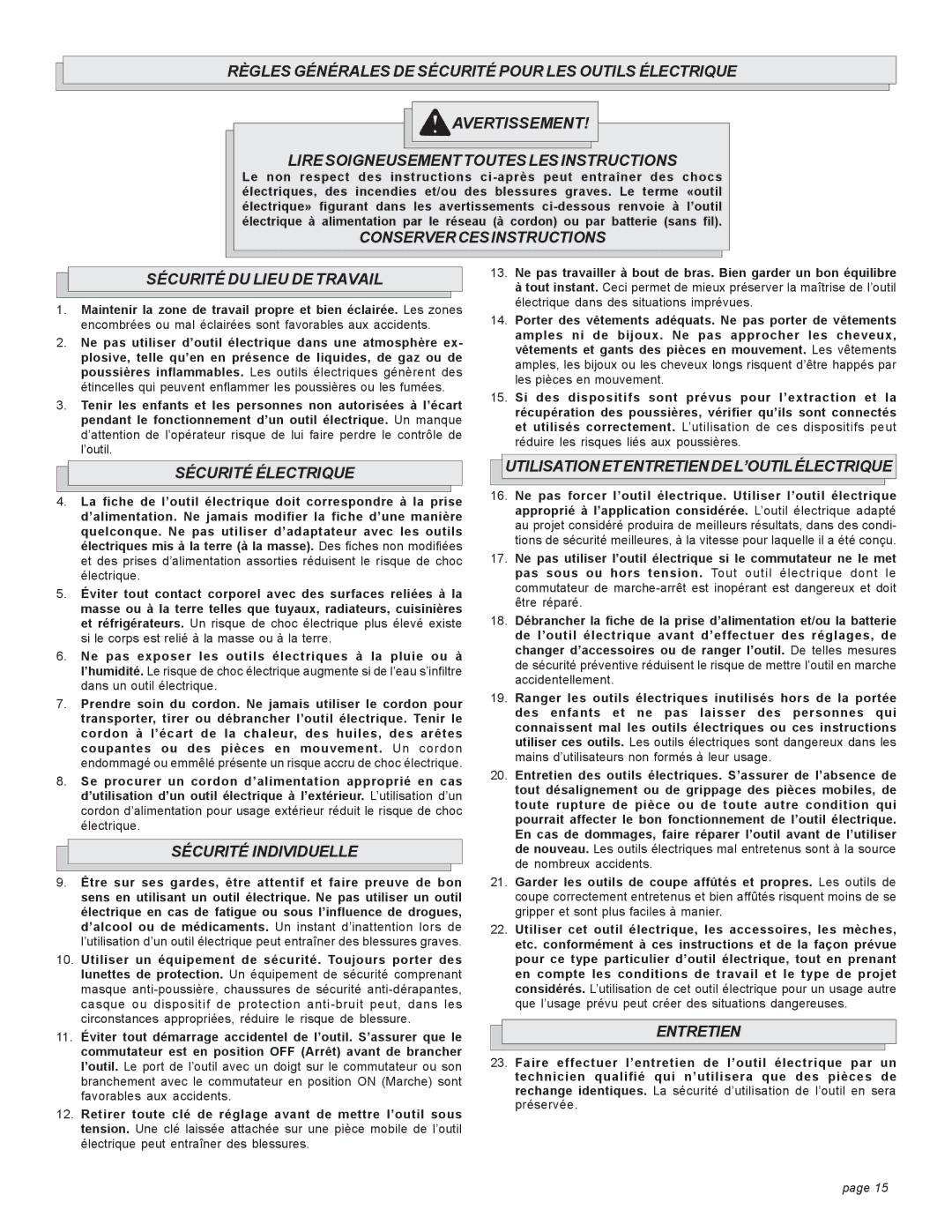 Milwaukee 4092-20 15A Conservercesinstructions Sécurité DU Lieu DE Travail, Sécurité Électrique, Sécurité Individuelle 