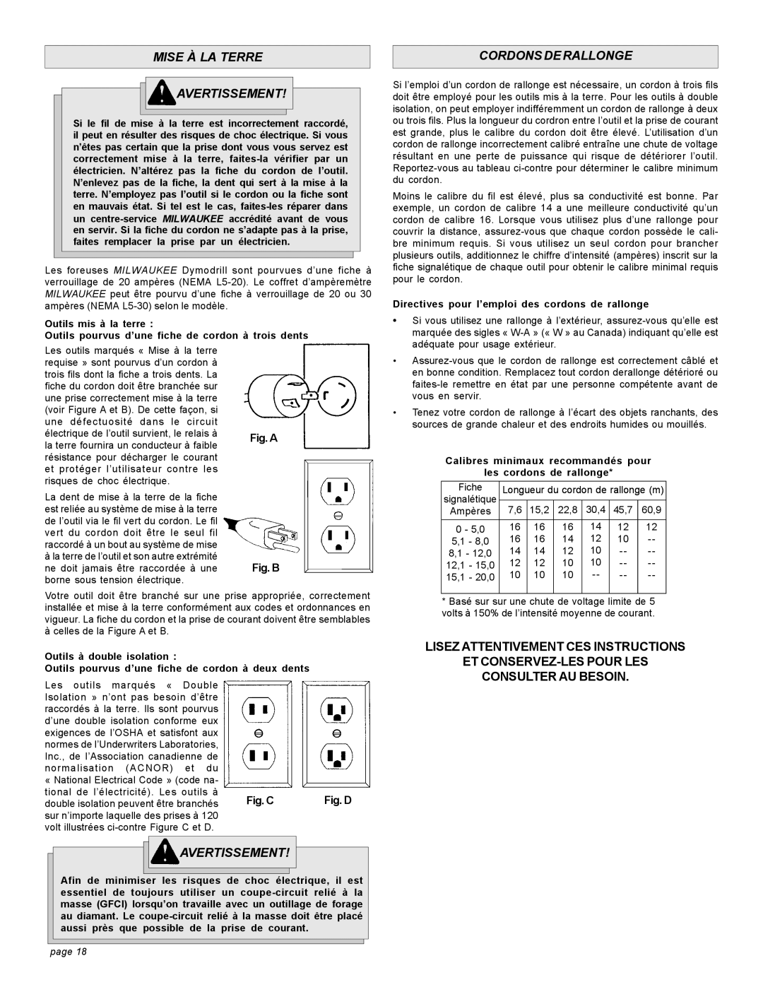 Milwaukee 4090 15A Mise À LA Terre Avertissement, Cordons DE Rallonge, Directives pour l’emploi des cordons de rallonge 