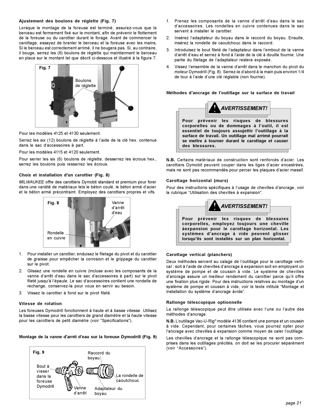 Milwaukee 4079 20A Ajustement des boulons de réglette Fig, Choix et installation dun carottier Fig, Vitesse de rotation 